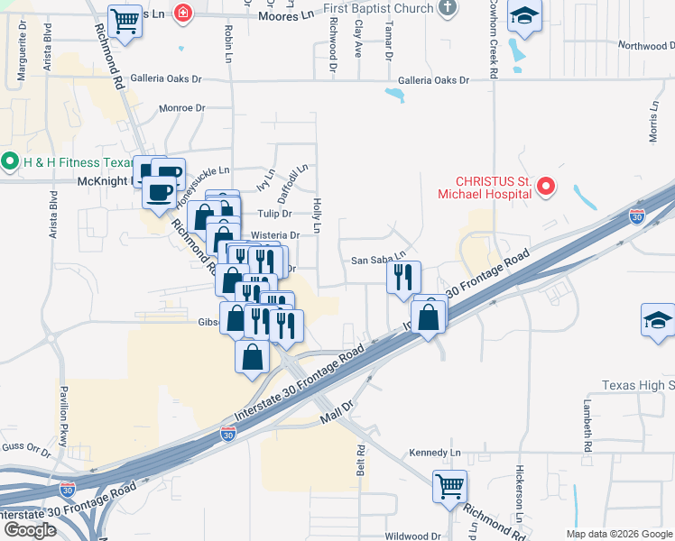 map of restaurants, bars, coffee shops, grocery stores, and more near 138-198 Royale Drive in Texarkana