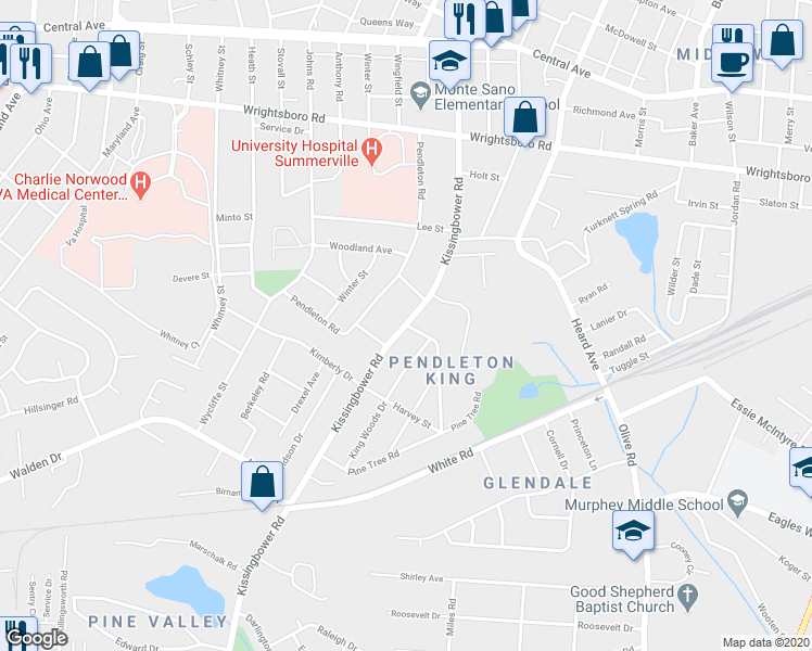 map of restaurants, bars, coffee shops, grocery stores, and more near 1624 Holly Hill Road in Augusta