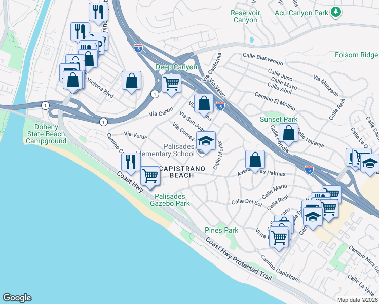map of restaurants, bars, coffee shops, grocery stores, and more near 34465 Via Espinoza in Dana Point