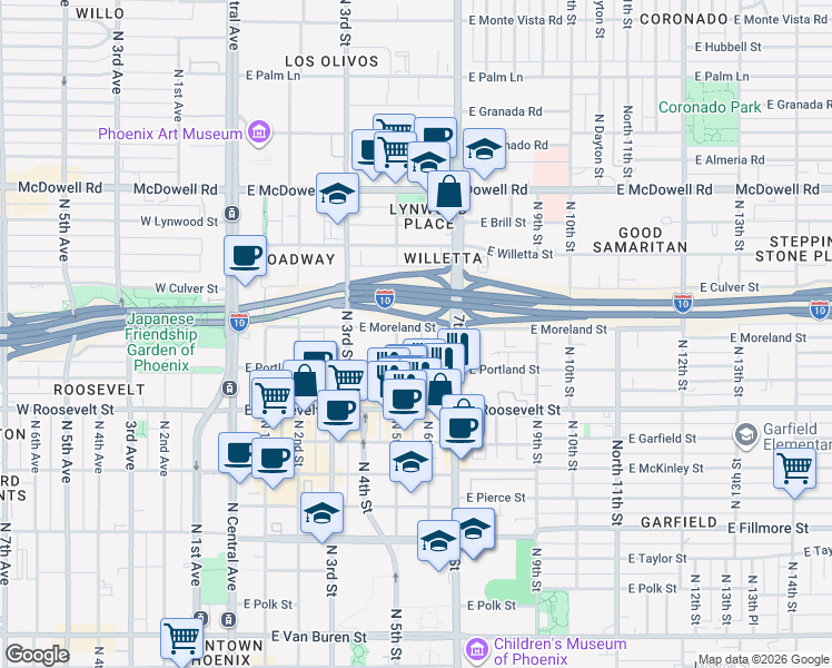 map of restaurants, bars, coffee shops, grocery stores, and more near in Phoenix