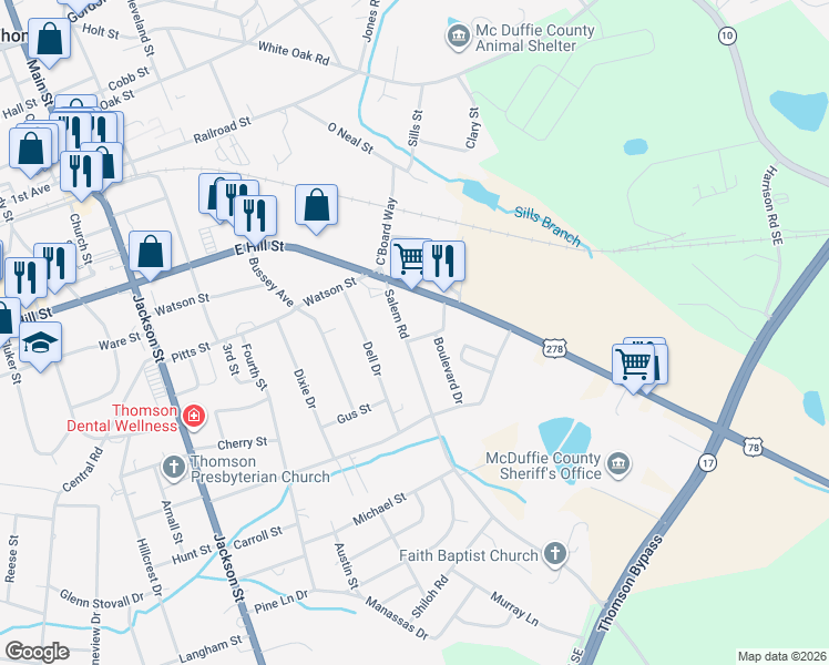 map of restaurants, bars, coffee shops, grocery stores, and more near 510A Salem Road in Thomson