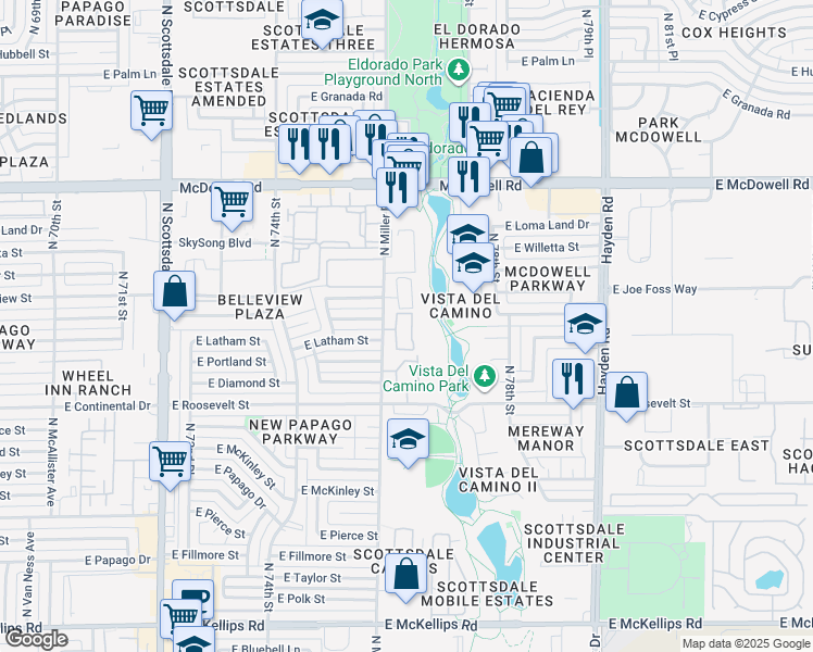 map of restaurants, bars, coffee shops, grocery stores, and more near 1221 North Miller Road in Scottsdale