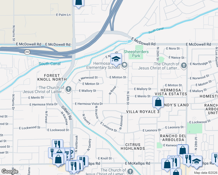 map of restaurants, bars, coffee shops, grocery stores, and more near 2446 North Alamo in Mesa