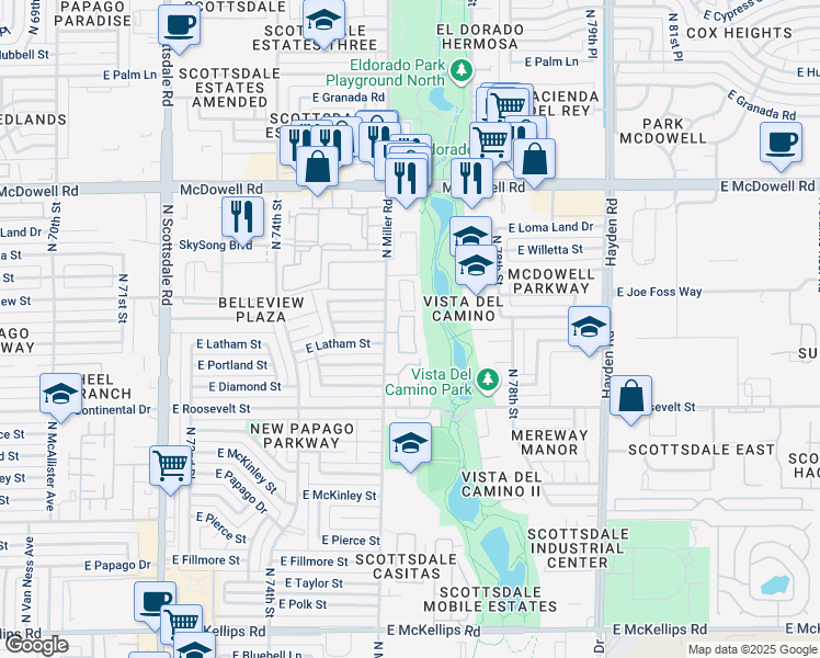map of restaurants, bars, coffee shops, grocery stores, and more near 1221 North Miller Road in Scottsdale