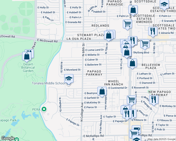 map of restaurants, bars, coffee shops, grocery stores, and more near 6819 East Moreland Street in Scottsdale