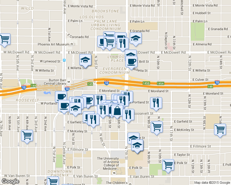 map of restaurants, bars, coffee shops, grocery stores, and more near in Phoenix