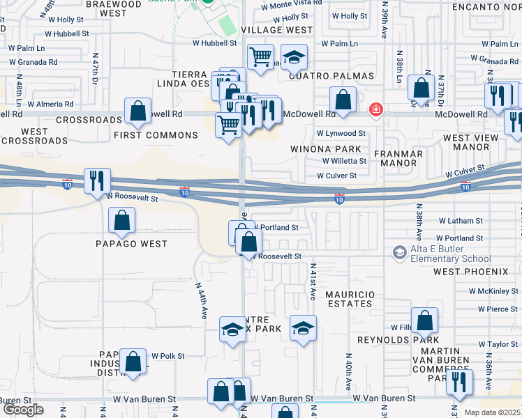 map of restaurants, bars, coffee shops, grocery stores, and more near 4237 West Latham Street in Phoenix