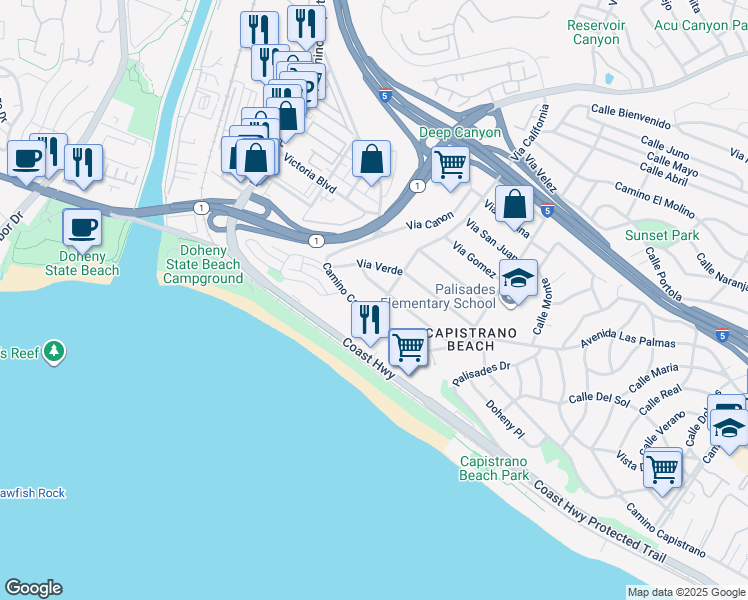 map of restaurants, bars, coffee shops, grocery stores, and more near 34561 Camino Capistrano in Dana Point
