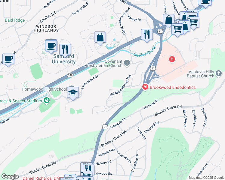 map of restaurants, bars, coffee shops, grocery stores, and more near 179 Old Montgomery Highway in Birmingham