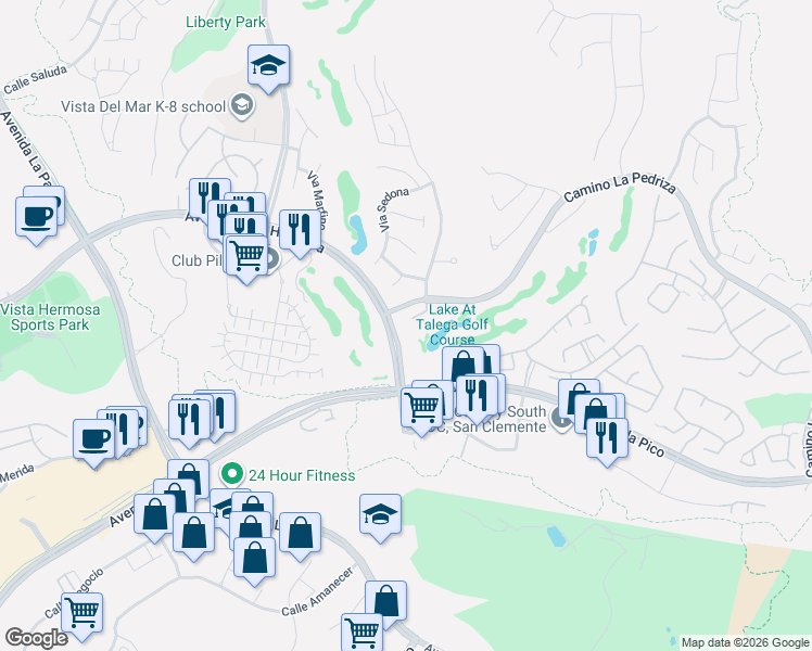 map of restaurants, bars, coffee shops, grocery stores, and more near 24 Calle Altea in San Clemente