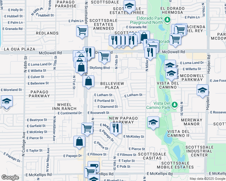 map of restaurants, bars, coffee shops, grocery stores, and more near 7325 East Latham Street in Scottsdale