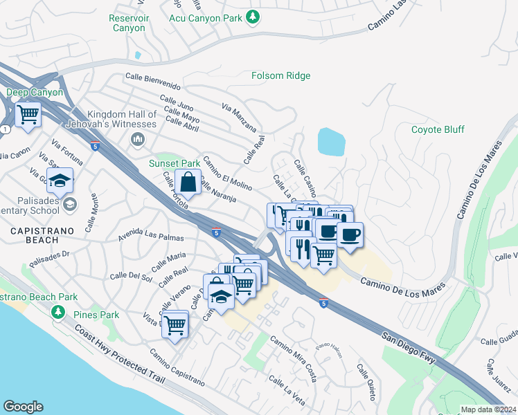map of restaurants, bars, coffee shops, grocery stores, and more near 34556 Calle Naranja in Dana Point