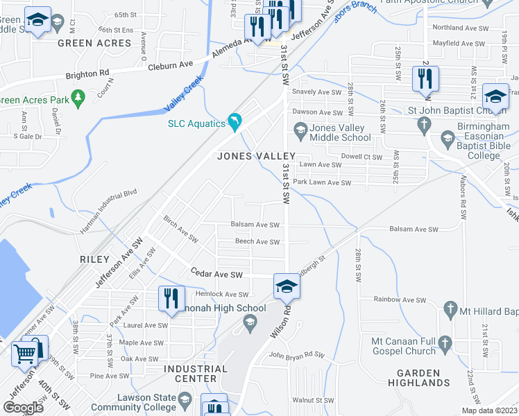 map of restaurants, bars, coffee shops, grocery stores, and more near 3201 Ash Avenue Southwest in Birmingham