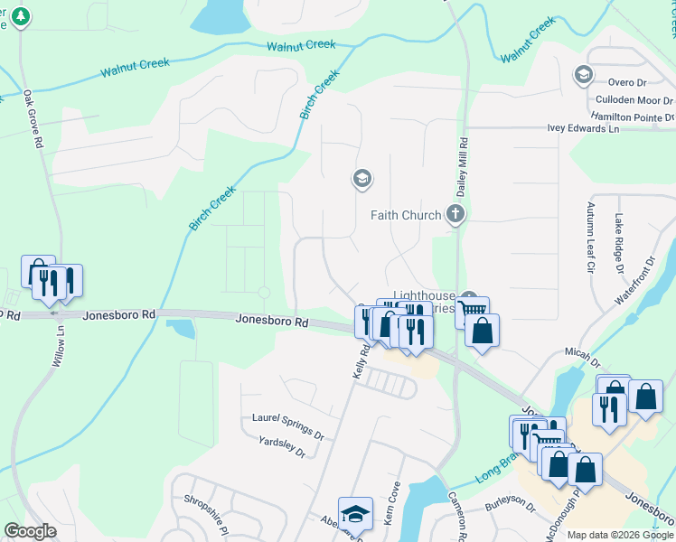 map of restaurants, bars, coffee shops, grocery stores, and more near 145 Thomas Jefferson Drive in McDonough
