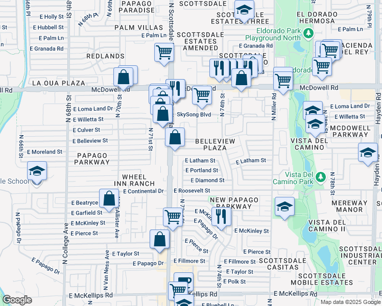 map of restaurants, bars, coffee shops, grocery stores, and more near 7225 East Belleview Street in Scottsdale