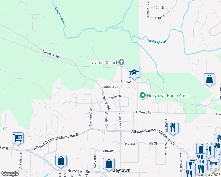 map of restaurants, bars, coffee shops, grocery stores, and more near 102 Midfield Avenue in Hueytown