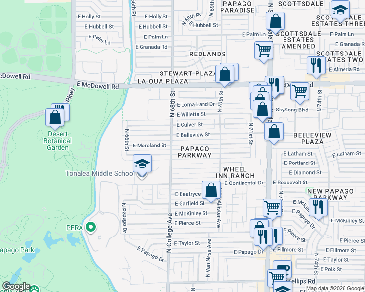 map of restaurants, bars, coffee shops, grocery stores, and more near 6819 East Moreland Street in Scottsdale