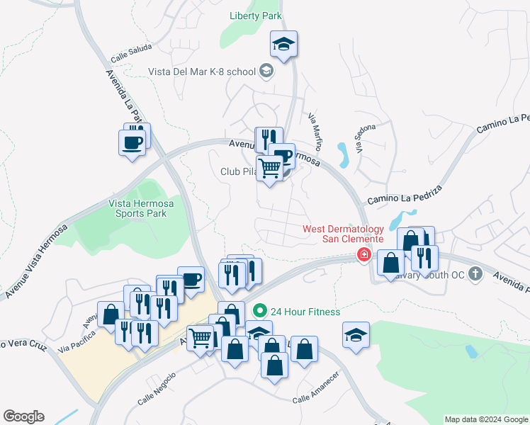 map of restaurants, bars, coffee shops, grocery stores, and more near 2 Paseo Luna in San Clemente