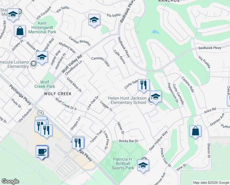 map of restaurants, bars, coffee shops, grocery stores, and more near 32264 Cedar Crest Court in Temecula