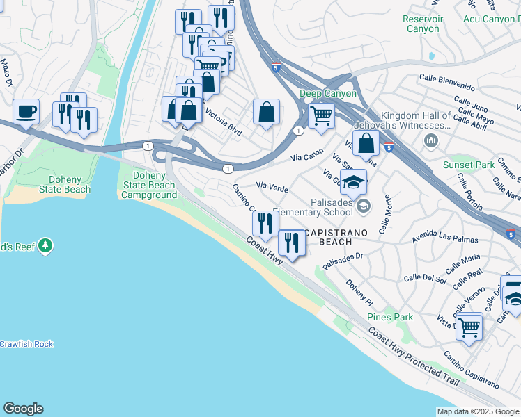 map of restaurants, bars, coffee shops, grocery stores, and more near 34564 Camino Capistrano in Dana Point