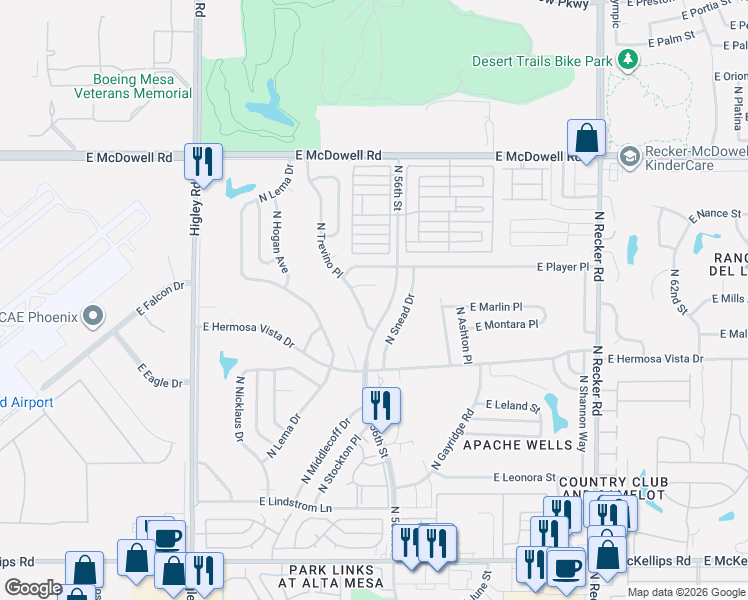 map of restaurants, bars, coffee shops, grocery stores, and more near 2450 North 56th Street in Mesa
