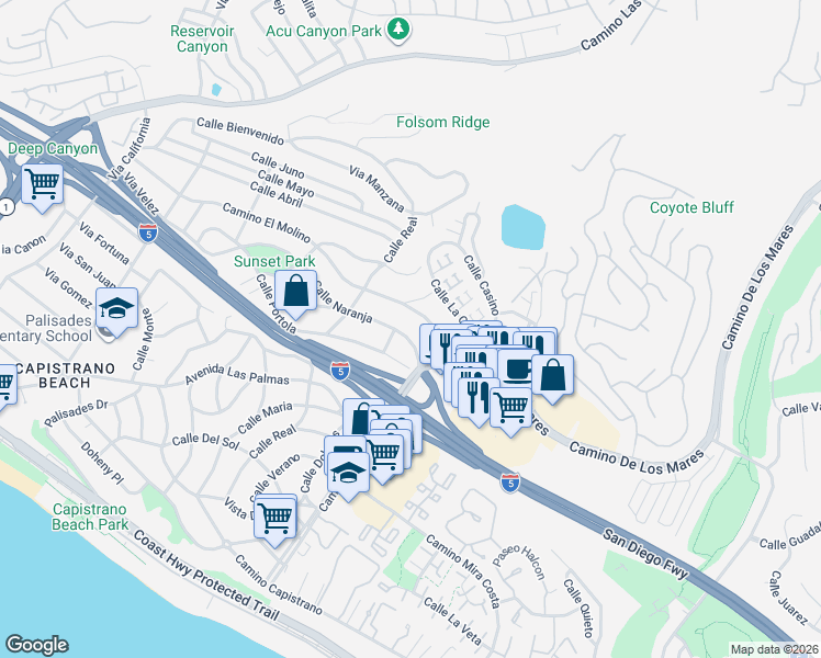 map of restaurants, bars, coffee shops, grocery stores, and more near 34556 Calle Naranja in Dana Point