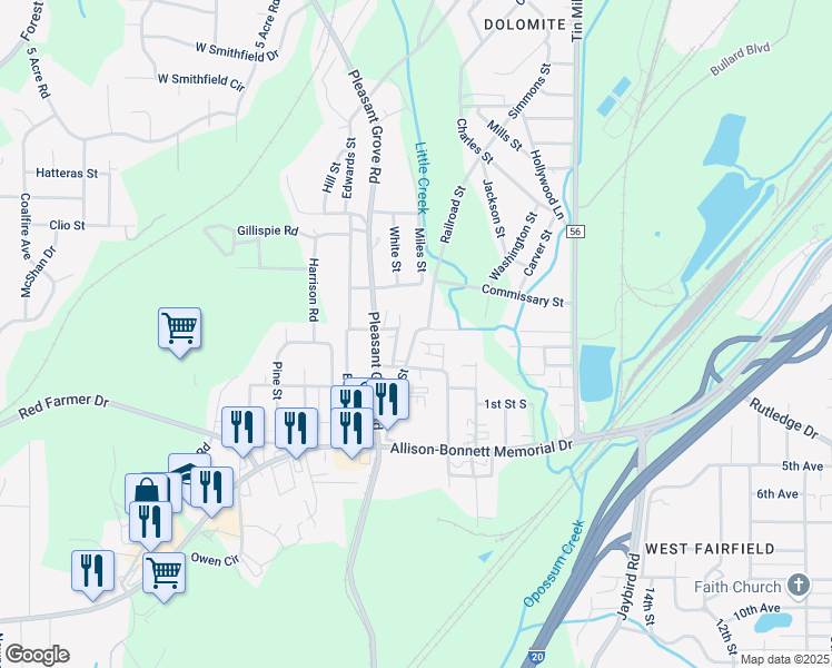 map of restaurants, bars, coffee shops, grocery stores, and more near 1601 James Street in Hueytown