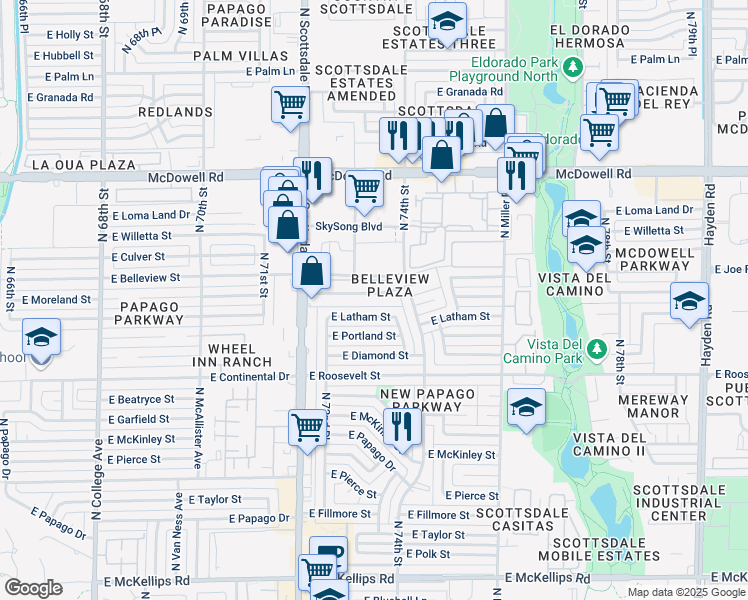 map of restaurants, bars, coffee shops, grocery stores, and more near 7325 East Latham Street in Scottsdale