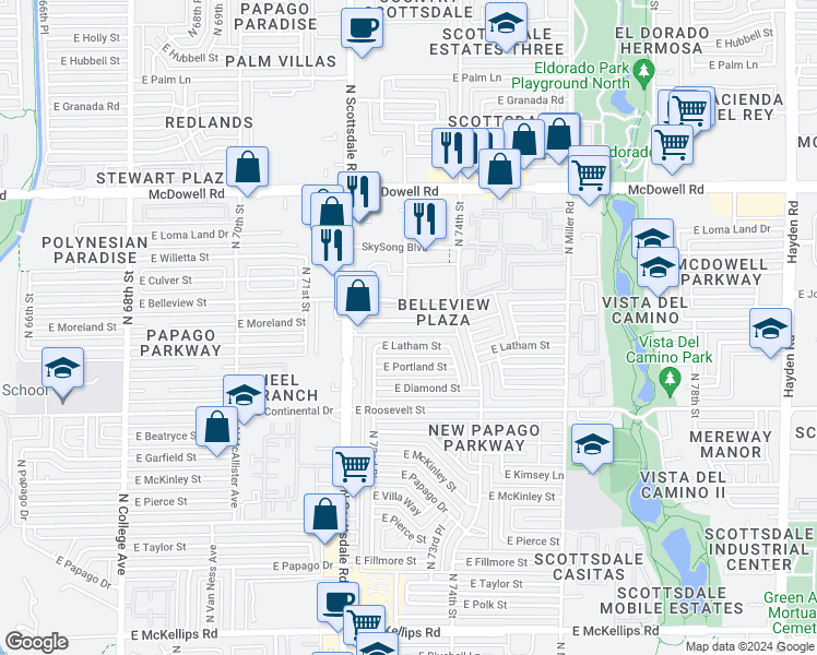 map of restaurants, bars, coffee shops, grocery stores, and more near 7245 East Latham Street in Scottsdale