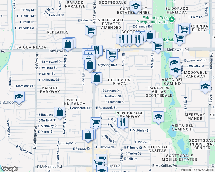 map of restaurants, bars, coffee shops, grocery stores, and more near 7245 East Latham Street in Scottsdale