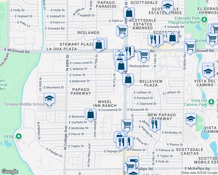 map of restaurants, bars, coffee shops, grocery stores, and more near 7049 East Latham Street in Scottsdale