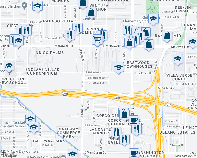 map of restaurants, bars, coffee shops, grocery stores, and more near 4101 East Portland Street in Phoenix