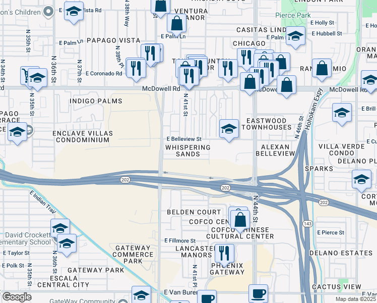 map of restaurants, bars, coffee shops, grocery stores, and more near 4101 East Portland Street in Phoenix