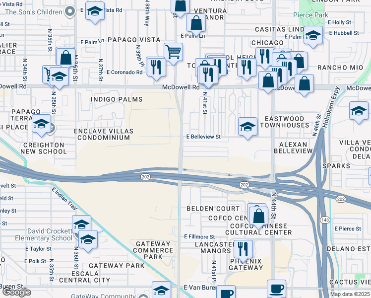 map of restaurants, bars, coffee shops, grocery stores, and more near 4007 East Portland Street in Phoenix