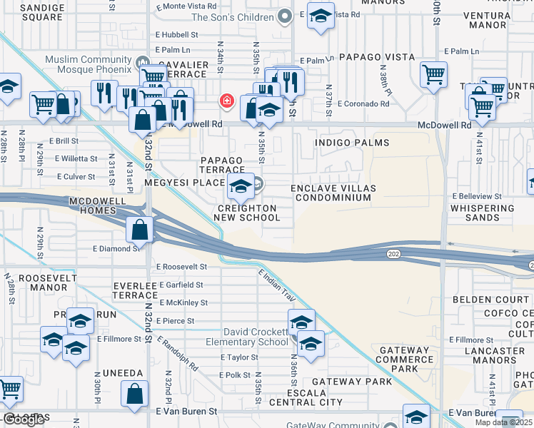map of restaurants, bars, coffee shops, grocery stores, and more near 1100 North 35th Street in Phoenix