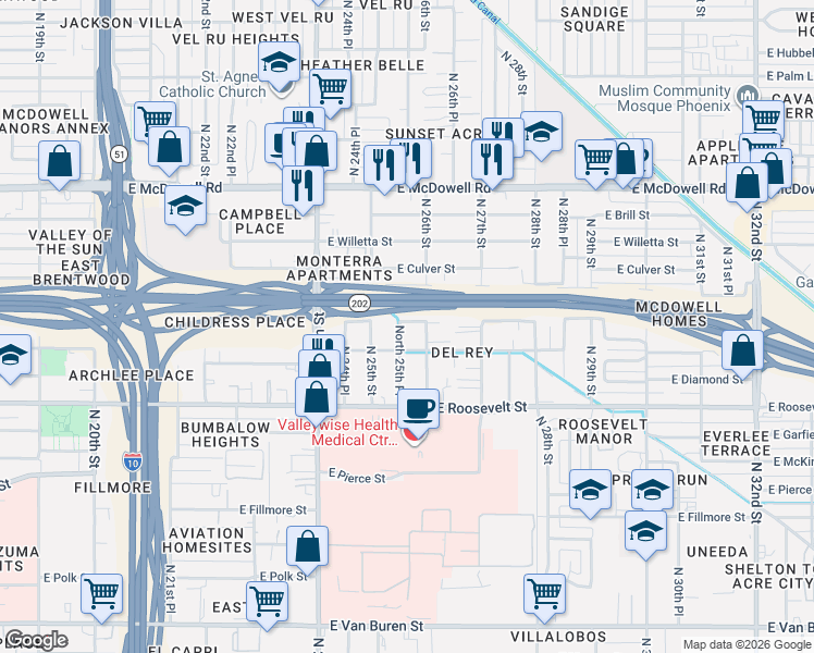 map of restaurants, bars, coffee shops, grocery stores, and more near 1102 North 26th Street in Phoenix