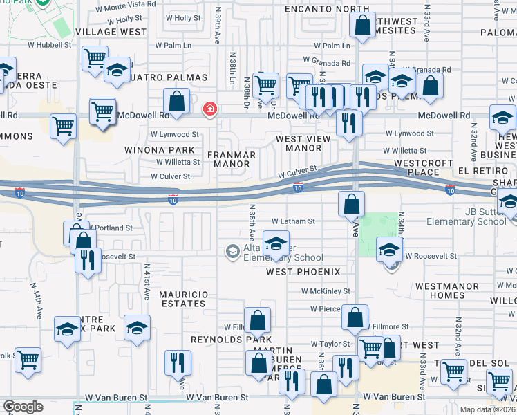 map of restaurants, bars, coffee shops, grocery stores, and more near 3728 West Latham Street in Phoenix