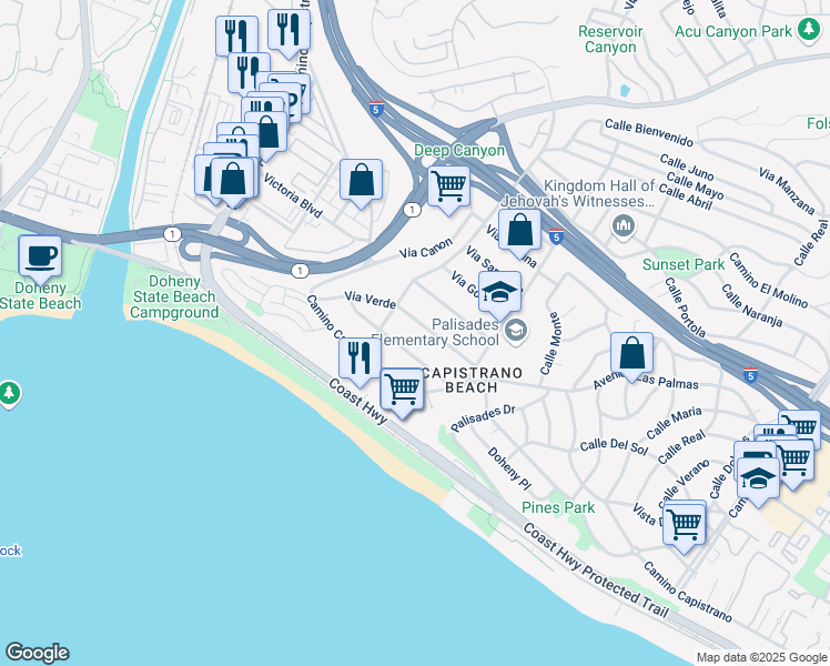 map of restaurants, bars, coffee shops, grocery stores, and more near 34626 Via Catalina in Dana Point