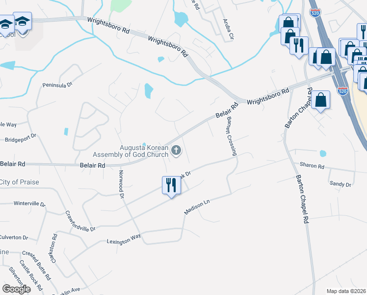 map of restaurants, bars, coffee shops, grocery stores, and more near 3335 Cushendal Road in Augusta
