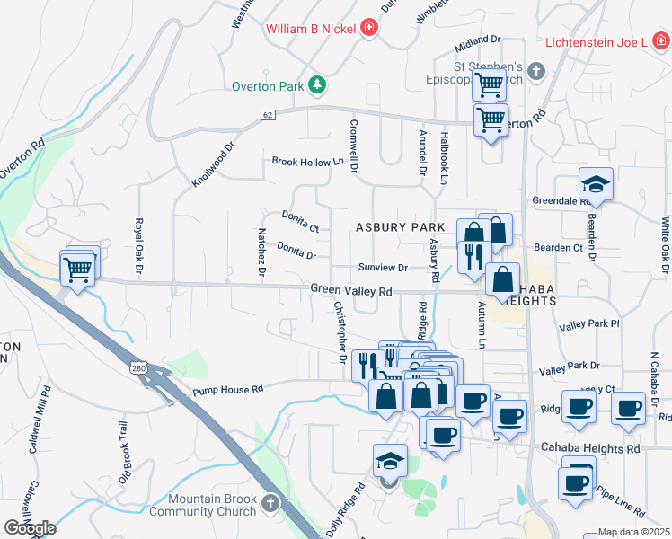 map of restaurants, bars, coffee shops, grocery stores, and more near 2994 Green Valley Road in Vestavia Hills