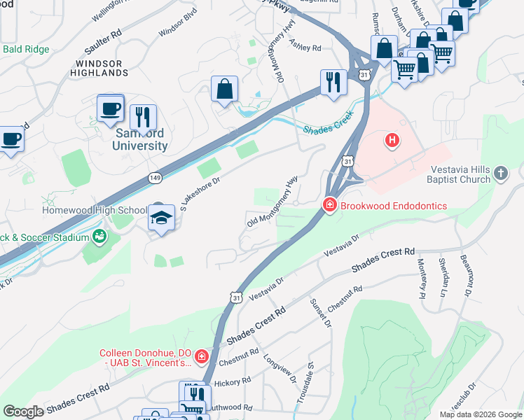 map of restaurants, bars, coffee shops, grocery stores, and more near 179 Old Montgomery Highway in Birmingham