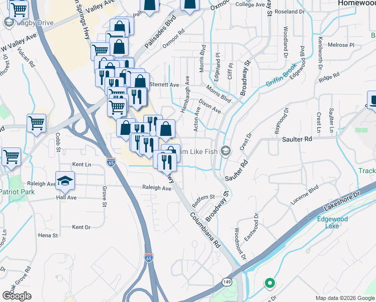 map of restaurants, bars, coffee shops, grocery stores, and more near 813 Columbiana Road in Birmingham