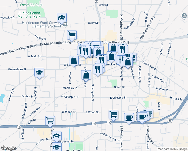 map of restaurants, bars, coffee shops, grocery stores, and more near 300 South Lafayette Street in Starkville