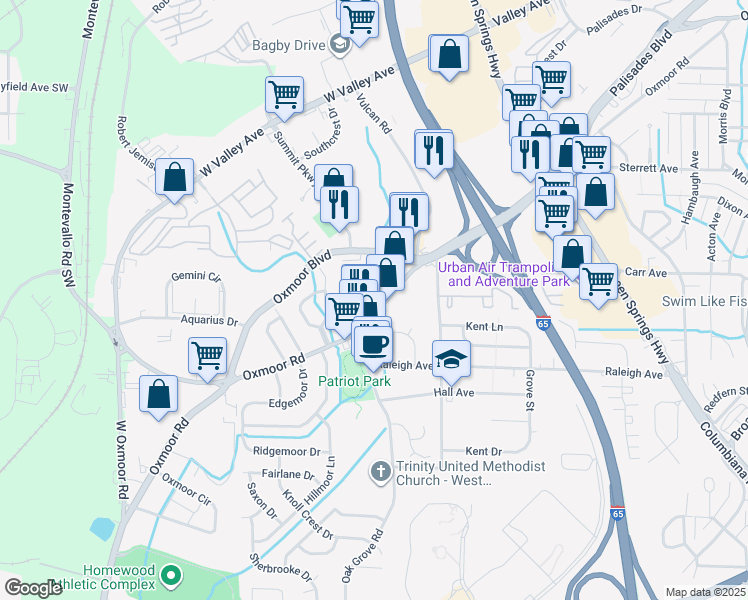map of restaurants, bars, coffee shops, grocery stores, and more near 174 Oxmoor Road in Birmingham