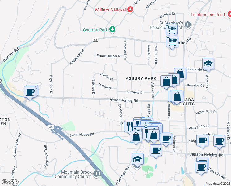 map of restaurants, bars, coffee shops, grocery stores, and more near 2994 Green Valley Road in Vestavia Hills