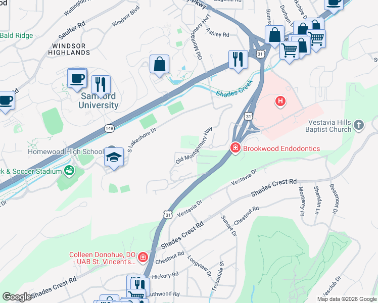 map of restaurants, bars, coffee shops, grocery stores, and more near 179 Old Montgomery Highway in Birmingham