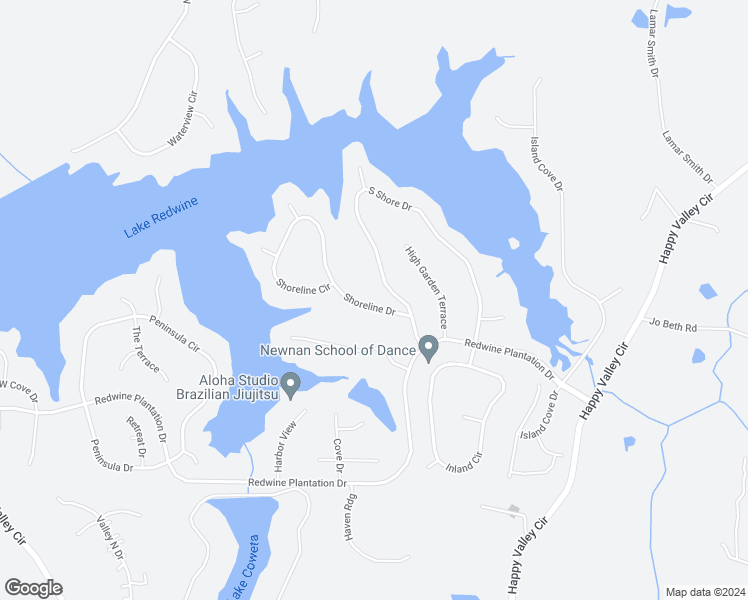 map of restaurants, bars, coffee shops, grocery stores, and more near 49 Shoreline Drive in Newnan