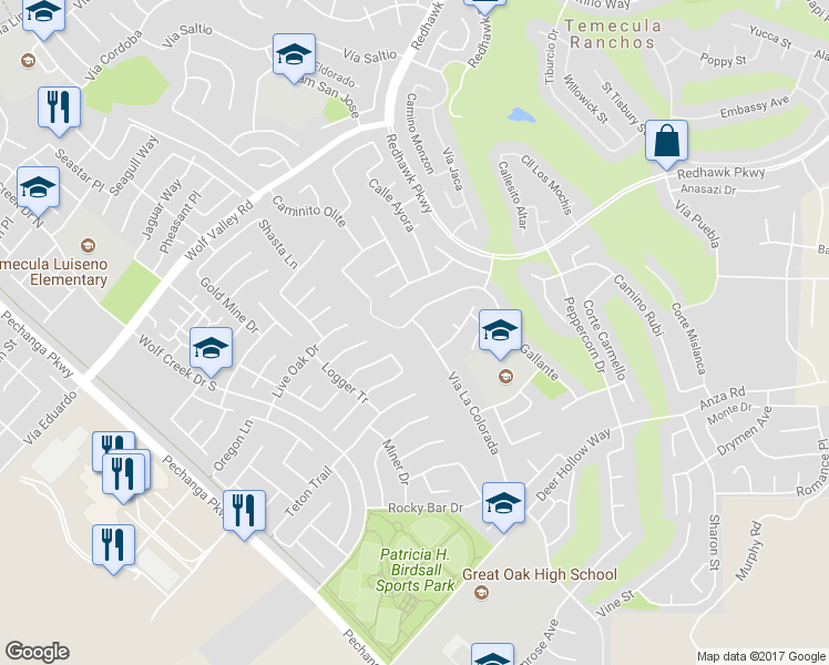 map of restaurants, bars, coffee shops, grocery stores, and more near 45913 Via La Colorada in Temecula