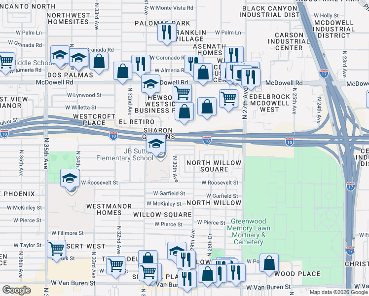 map of restaurants, bars, coffee shops, grocery stores, and more near 1114 North 29th Avenue in Phoenix
