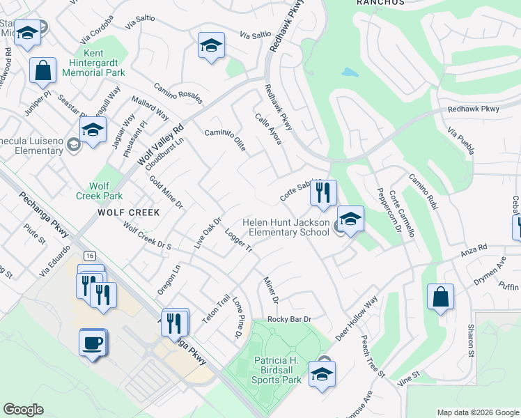 map of restaurants, bars, coffee shops, grocery stores, and more near 32264 Cedar Crest Court in Temecula